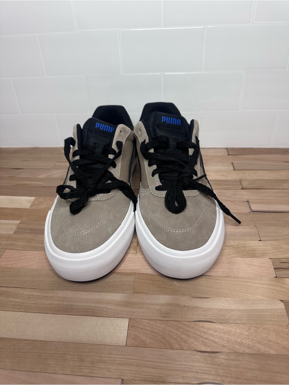 Puma Men’s Low-Top Suede Sneakers in Taupe with Black and Blue Accents